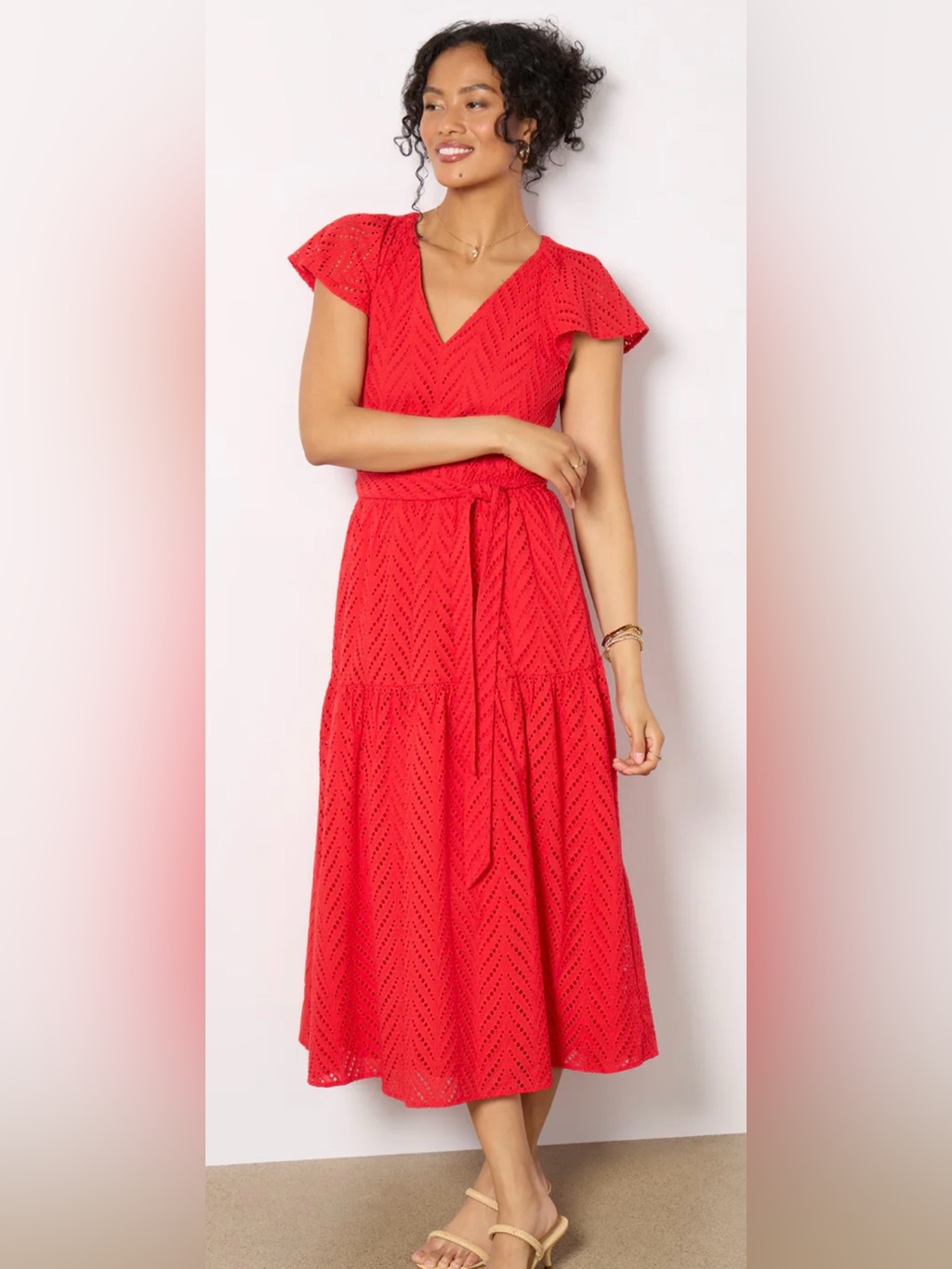 Evereve Daisy Eyelet Maxi Dress Xs Red Cotton Flutter Sleeve Belted Nwt